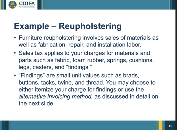 CDTFA Reupholstering